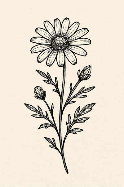 Detailed illustration of a daisy flower with buds and leaves