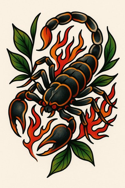 Illustrative Scorpion Design with Flames and Leaves