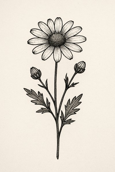 Detailed illustration of a daisy flower and buds