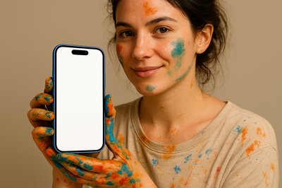Artist Holding a Phone with Paint-Stained Hands