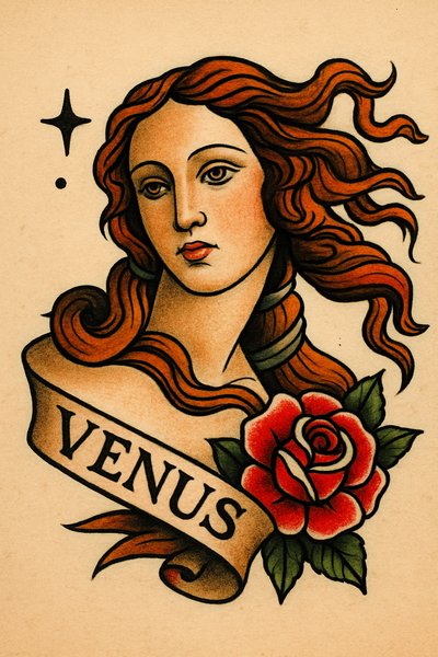 Artistic depiction of Venus with rose and banner