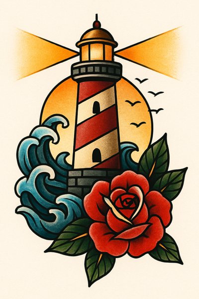Colorful Tattoo Design Featuring a Lighthouse and Rose