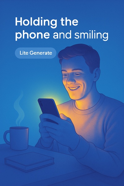 Fluorescent Smile Glow: Person with Phone in Blue Atmosphere