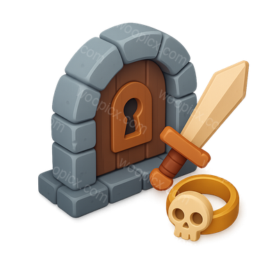 3D Roguelike Icon Featuring Key Elements