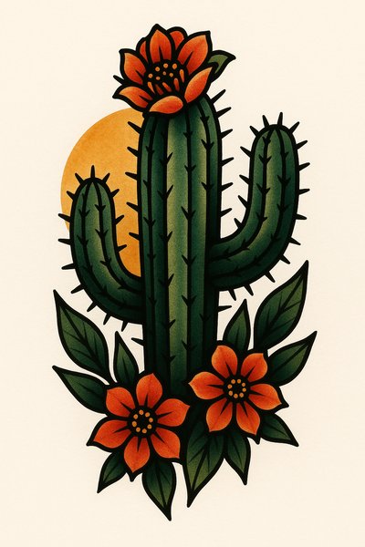 Stylized Cactus Illustration with Floral Elements