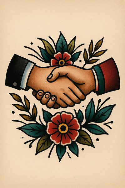 Vintage Style Illustration of a Handshake with Floral Elements