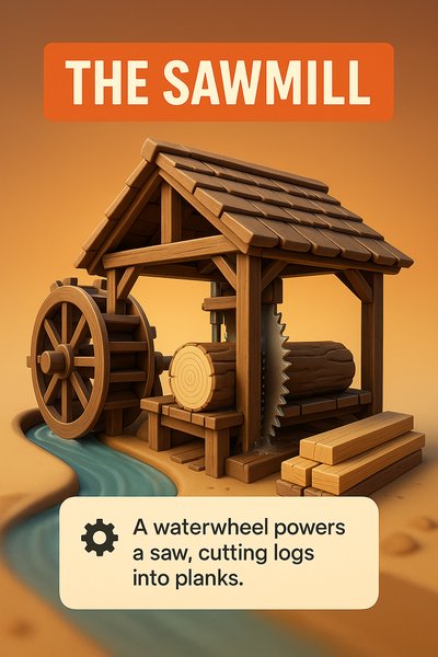 3D Illustration of a Sawmill with Waterwheel and Logs
