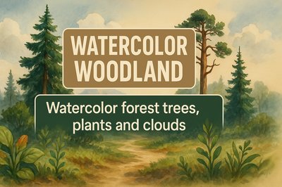 Watercolor Artwork Depicting Woodland Scene with Trees and Plants