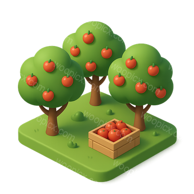 3D Apple Orchard Icon with Trees and Basket of Apples