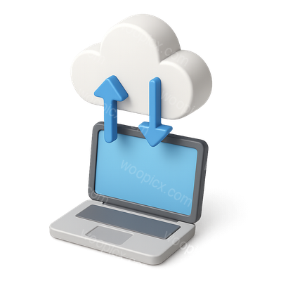3D Cloud and Laptop Icon with Arrows for Data Transfer