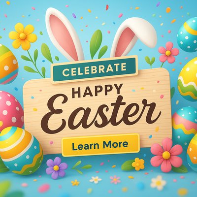 Festive Easter Celebration Graphic with Colorful Eggs and Flowers