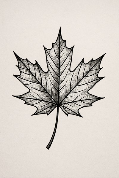Detailed Line Art of a Maple Leaf on Neutral Background
