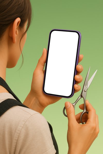 Hairdresser Holding Purple Phone with Scissors