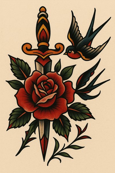 Traditional tattoo design featuring a rose and a swallow