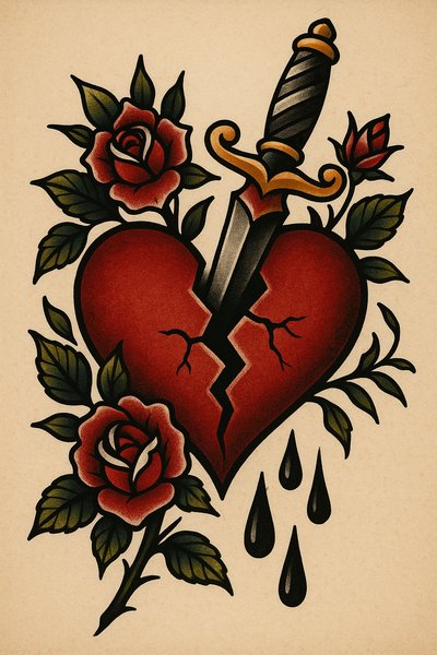 Illustrative Tattoo Design of a Broken Heart with Roses