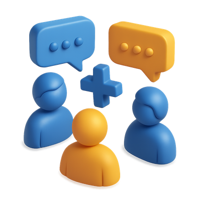 Colorful 3D Discussion Icon with People and Speech Bubbles