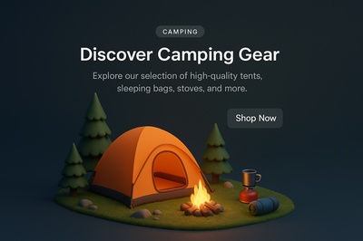 3D Camping Scene with Gear and Fire in Dark Background