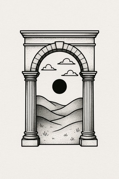 Stylized Archway Illustration with Landscape and Sun
