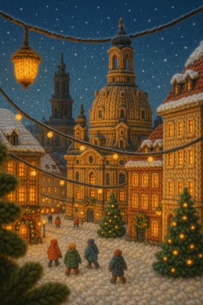 Whimsical Knitted Scene of Dresden City Centre