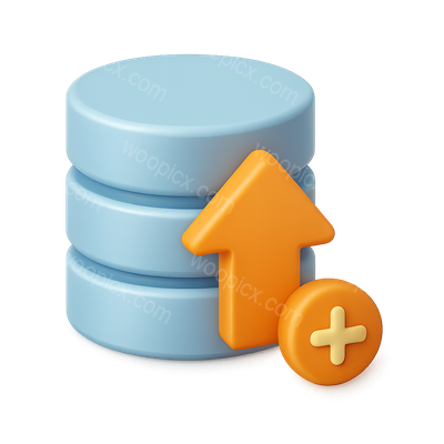 3D Database Upload Icon with Arrow and Plus Sign