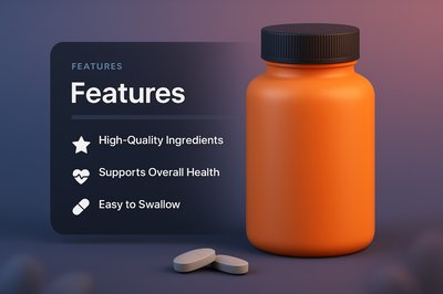 3D Illustration of a Supplement Bottle with Feature Highlights