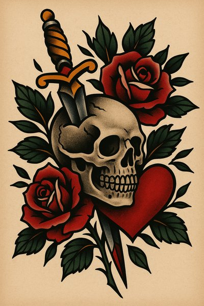 Vintage Tattoo Design Featuring Skull, Roses, and Dagger