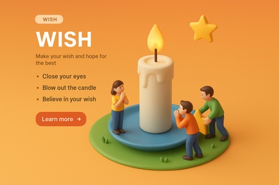 Detailed 3D Scene of a Wish Theme with Candle and Characters