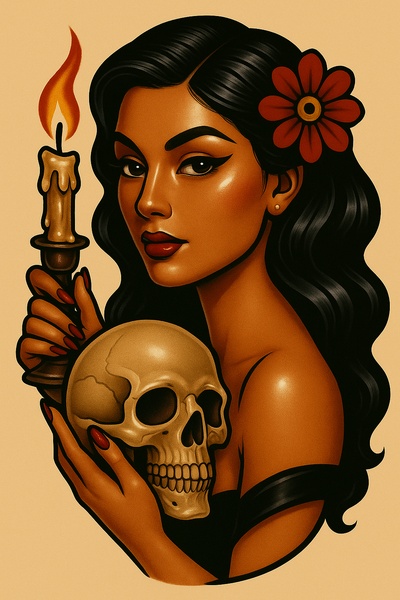 Stylized Tattoo Art of a Woman with a Skull and Candle