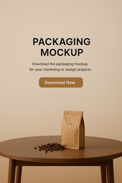Realistic Coffee Packaging Mockup with Beans on Table