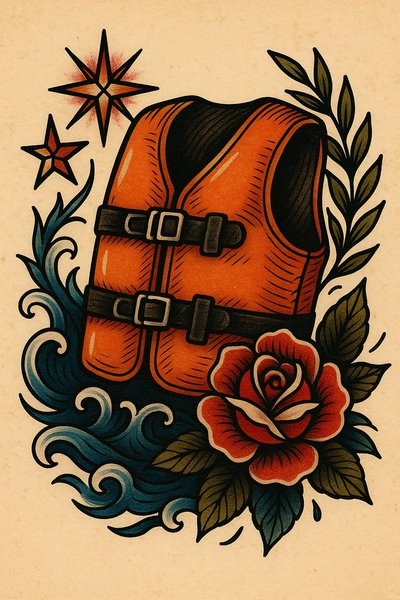 Colorful Tattoo Design Featuring Life Jacket and Rose