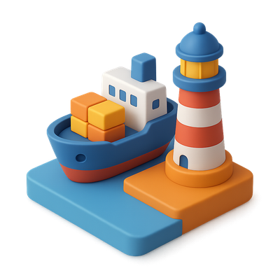 Colorful 3D Harbor Icon with Lighthouse and Ship
