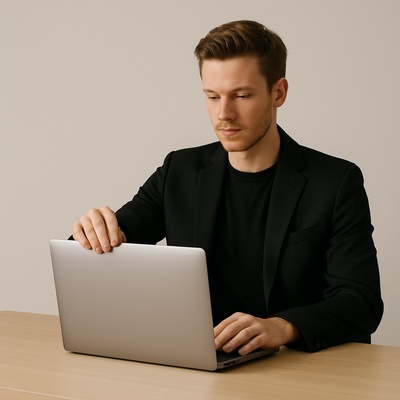 Stylish Professional Working on Laptop in Minimalist Setting