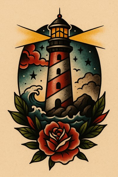 Vintage Tattoo Style Lighthouse and Rose Illustration