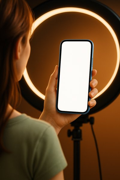 Dynamic Shot of a Blogger with a Blue Phone and Ring Light