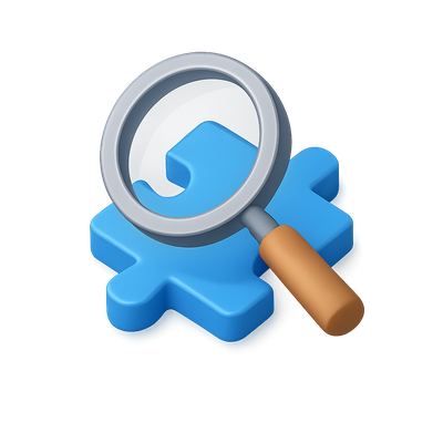 3D Puzzle Piece with Magnifying Glass Icon
