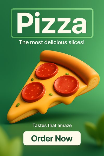 3D Pizza Illustration with Text and Call to Action