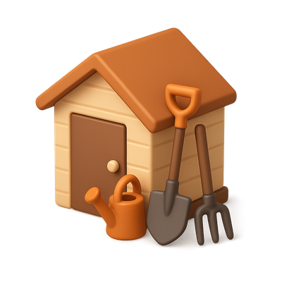 3D Garden Shed Icon with Tools for Gardening