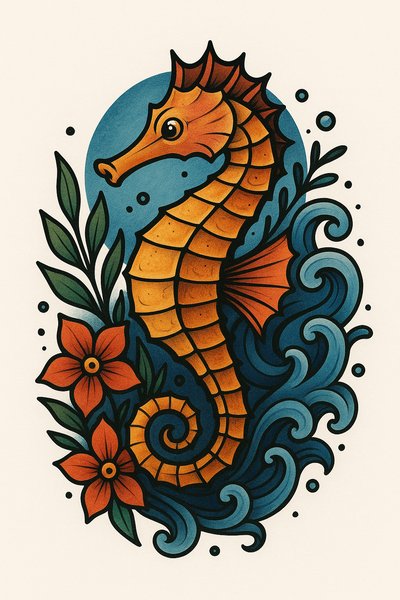 Colorful Seahorse Illustration with Floral Elements