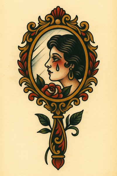Classic Mirror Tattoo Design Featuring a Woman