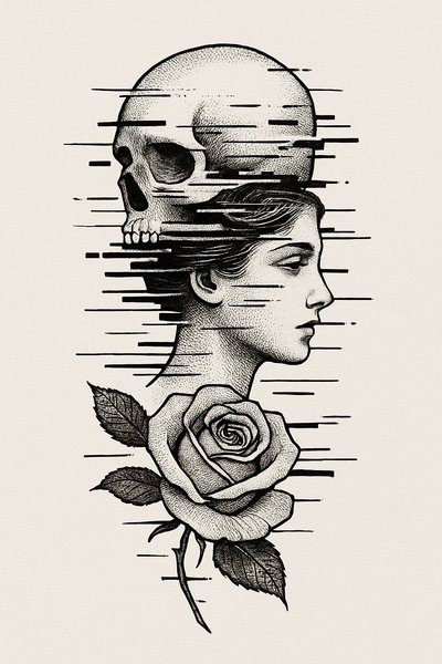 Surreal Art of a Woman, Skull, and Rose in Black and White