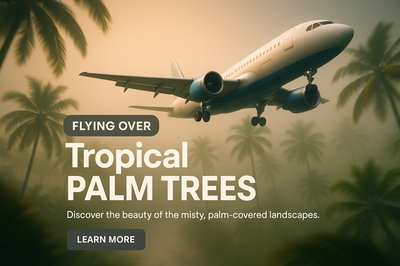 Travel Promotion Graphic Featuring Airplane Over Tropical Landscape