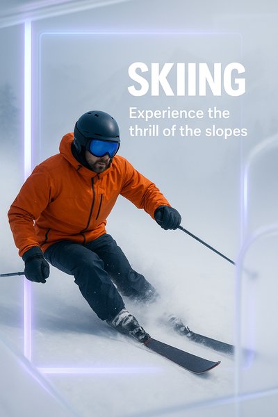 Dynamic Skiing Action Shot with Engaging Text