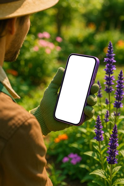 Gardener Holding a Phone in a Vibrant Garden
