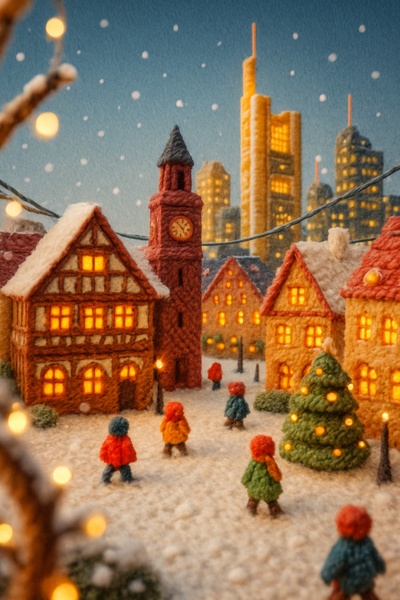 Cozy Winter Scene in Frankfurt with Yarn-Like Textures