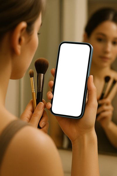 Makeup Artist Holding Phone in Front of Mirror
