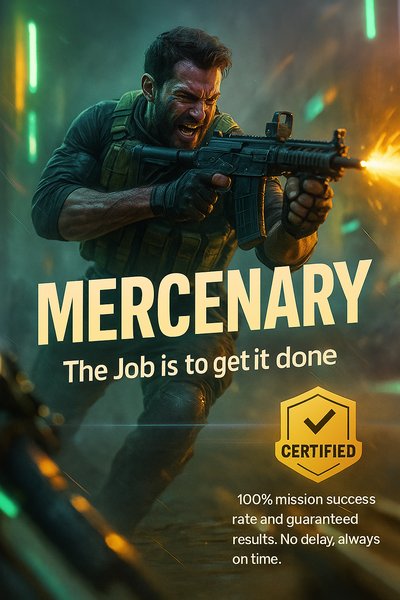 Dynamic Neon-Themed Mercenary Advertisement Carousel Slide