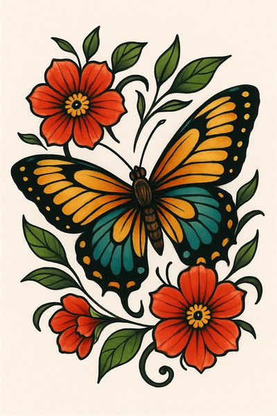 Vibrant Butterfly Tattoo Design with Floral Elements