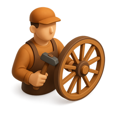 3D Icon of a Wheelwright Crafting a Wooden Wheel