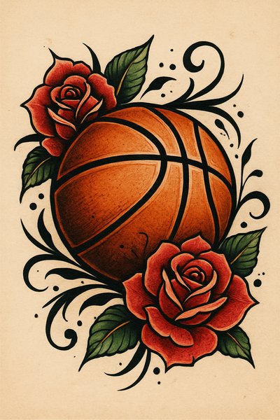 Artistic basketball and rose tattoo design