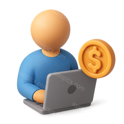 3D Laptop Icon with Person and Dollar Sign in Isometric View